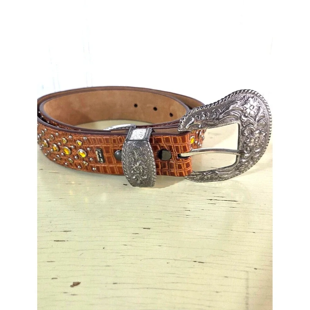 Vintage Ariat Western Leather Belt 1996 Brown Studded Rhinestone Concho Women M